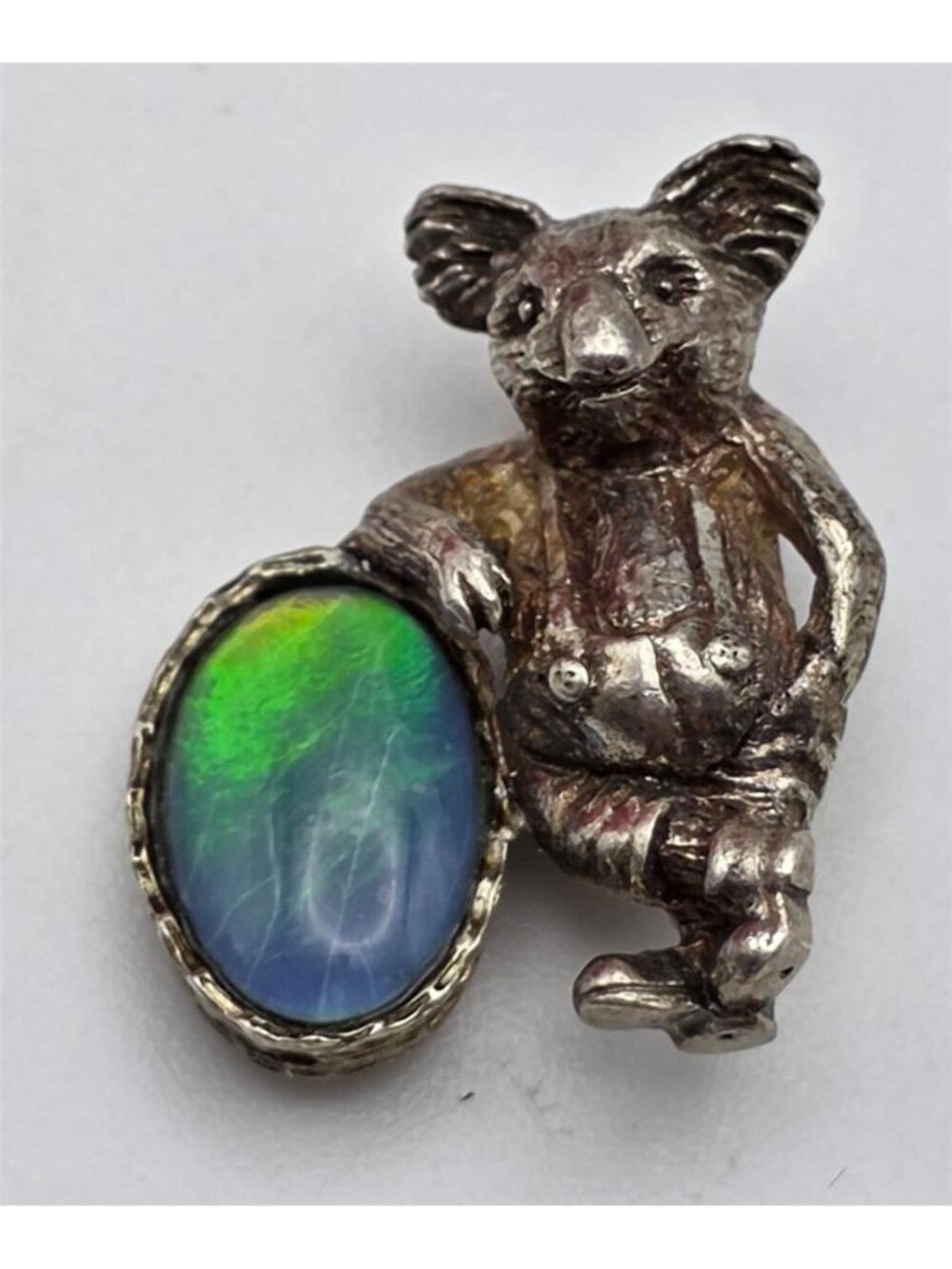 Vintage Signed Silver Koala Natural Opal Pendant 22mm Australian Souvenir